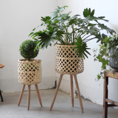 Nordic INS style wicker plant pot stand for living room balcony plant bamboo basket decoration pothos floor stand