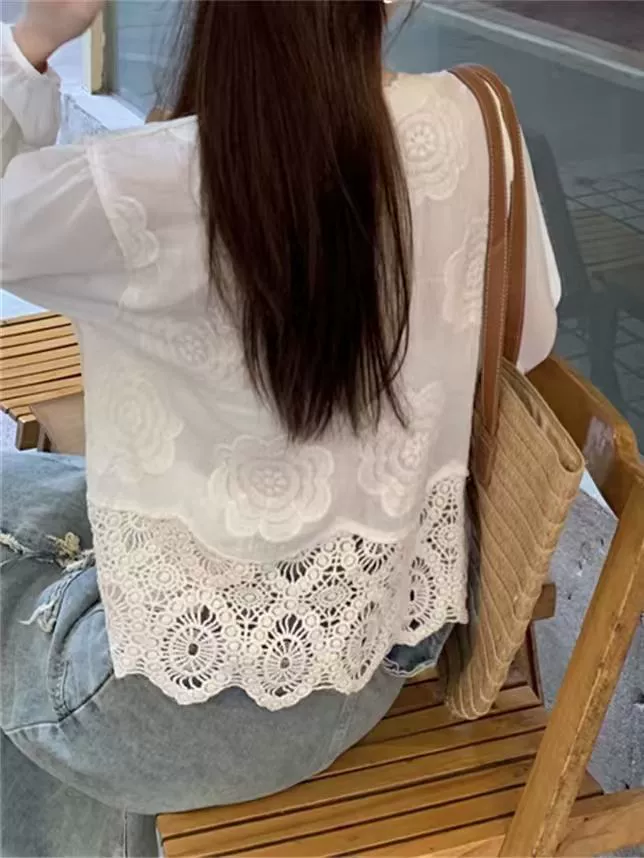 Узкий ажурный вязаный кардиган с кружевами, цветочный принт, с вышивкой, солнцезащита