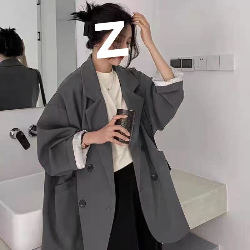 秋季新款韩版宽松条纹中长款黑色休闲西装外套女休闲外套女士西装|undefined