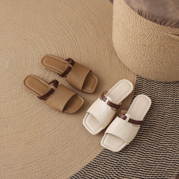 Dép sandal nữ xỏ ngón đế bệt phối màu hở mũi thời trang — màu trắng ngà, màu mơ chi tiết 79