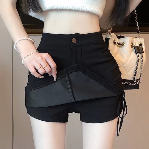 Women's Summer Short Pants Unstructured Elastic Drawstring A-line Skirt Bodysuit Slimming High-Waisted Booty Skirt