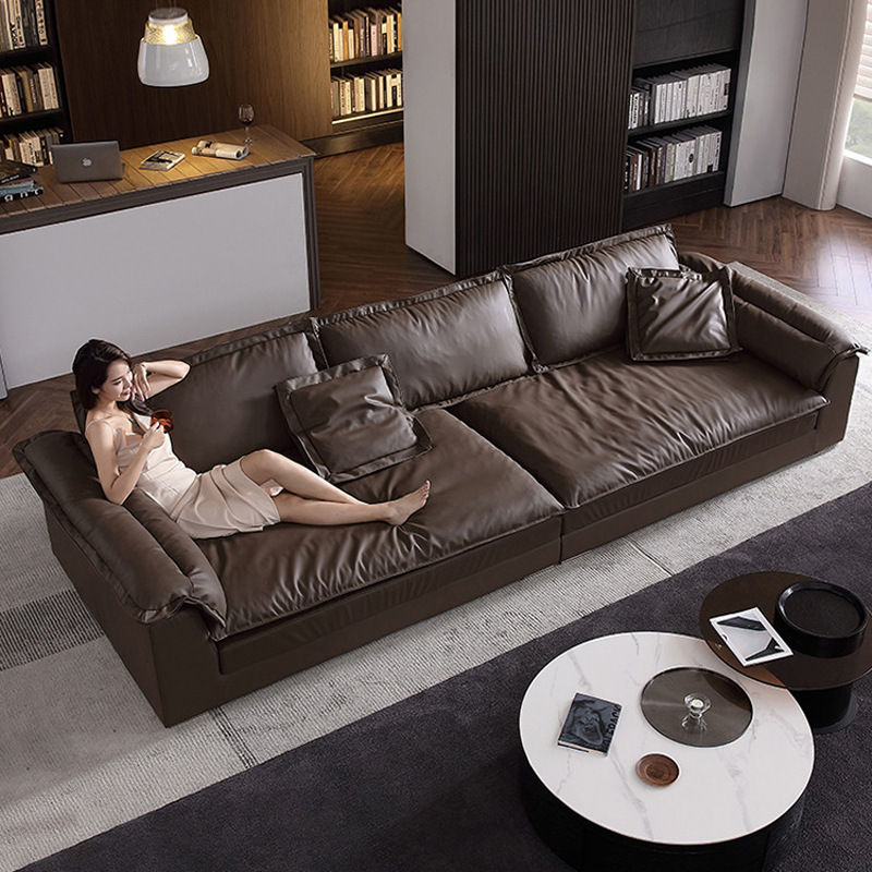 Sofá de cuero italiano minimalista súper ancho grande sentado profundo sofá de tres asientos sala de estar sofá de vela perezoso sofá de fila recta