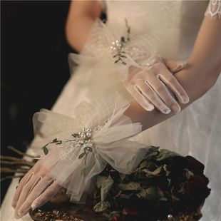 Green Leaf Fairy Bride Gloves Champagne Etiquette Gloves Diamond Mesh Mori Aesthetic Performance Photo Studio