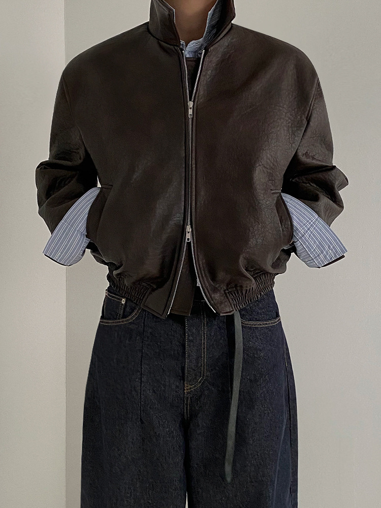 MYQ美ラードのレトロな短い革の服の男性の春のゆるい襟のコートの韓国版の潮流は古い革のジャケットをします。