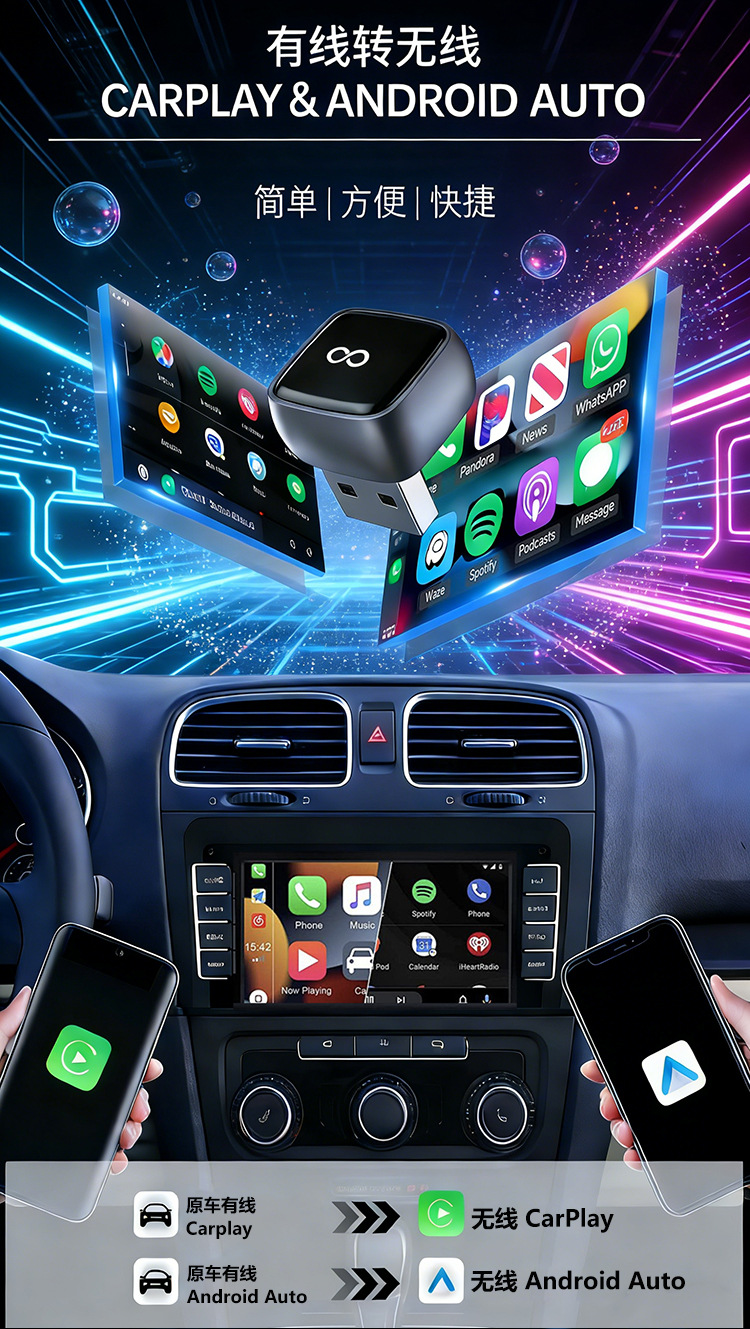 Cross-Border Hot-Selling Wired-To-Wireless Carplay Box, Android and Apple Car Interconnection Box, Smart Car Conversion Box