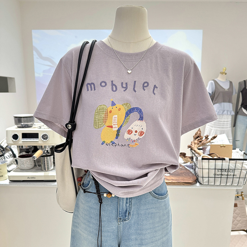 夏の新しいスタイルのルーズでスリムな半袖韓国スタイルの多用途漫画年齢軽減プリントボトムシャツ薄いTシャツレディーストップ|undefined