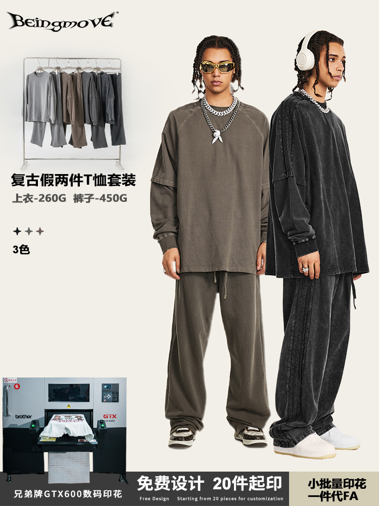 2025 otoño marca de moda americana retro lavado empalme falso dos piezas de camiseta de manga larga correa suelta juego deportivo hombre
