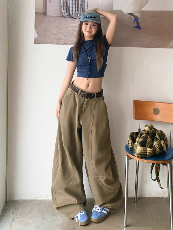 美式宽松阔腿慵懒松弛感弯刀牛仔裤子女夏秋新款辣妹休闲拖地长裤|undefined