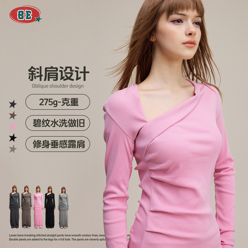 Be Women's Clothing | 2025 Autumn European and American Skims Pleated Slimming Look Slanted Shoulder Design Long-Sleeved T-Shirt for Women Trendy