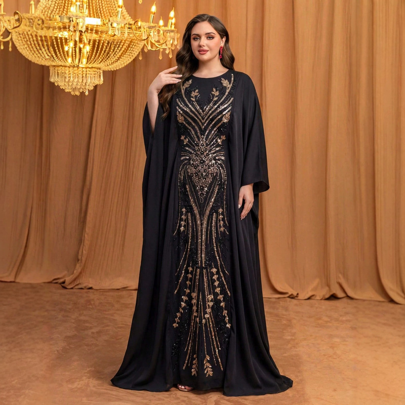 Round-neck long-sleeve elegant and luxurious evening dress with sequin and bead embroidery in solid satin fabric