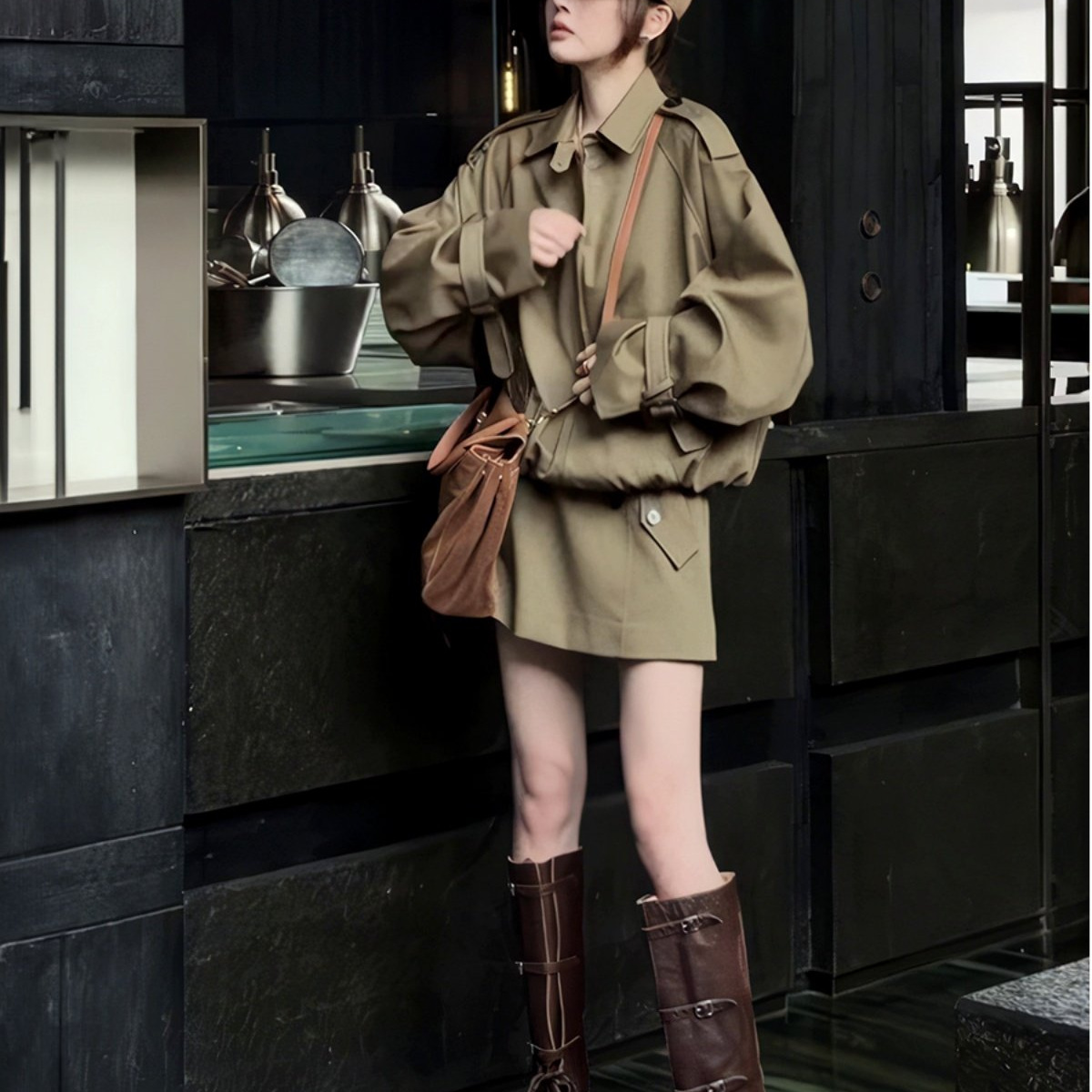 2026 Spring and Autumn New Vintage Workwear Style Design Khaki Jacket Short Coat A-Line Skirt Set for Women
