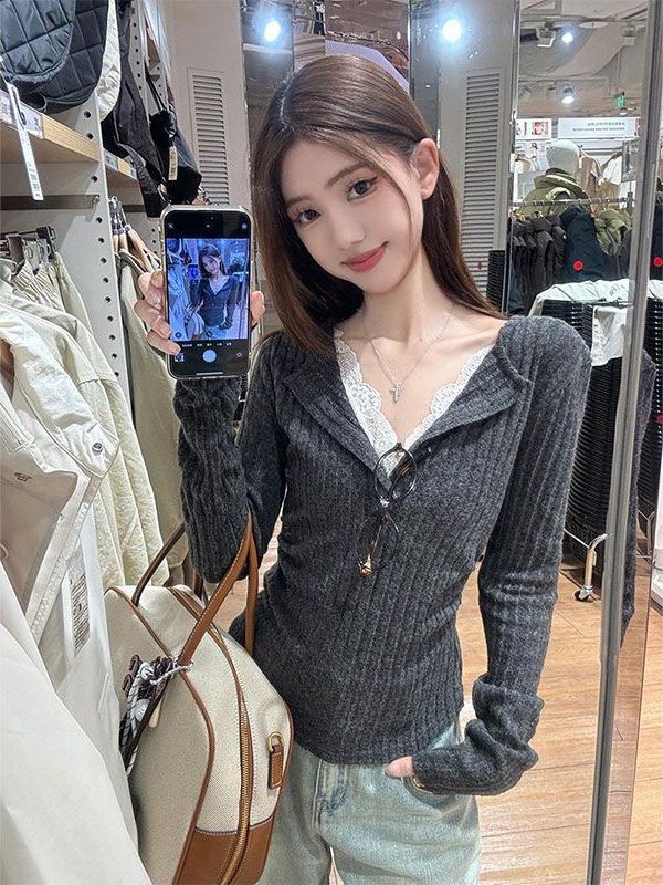 甜辣妹深灰色假两件蕾丝长袖T恤衫女早秋修身显瘦内搭打底衫上衣|undefined