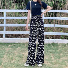 大码女装小菊花印花垂感休闲直筒裤女高腰阔腿拖地长裤潮