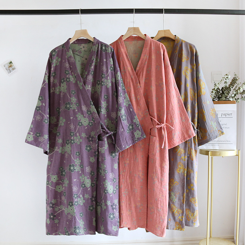 Yarn-dyed double-sided jacquard kimono nightgown women's four seasons thin lace-up loose Japanese-style home robe hotel sweat steaming robe