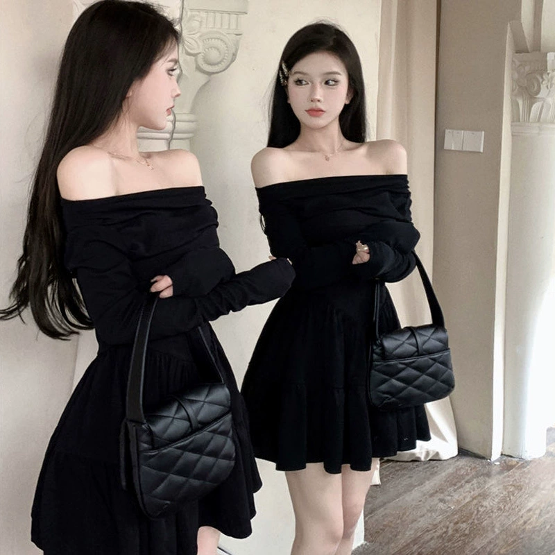 Off-Shoulder Dress, French Style, Slim Fit, Long Sleeve — Black/Apricot, S–XL