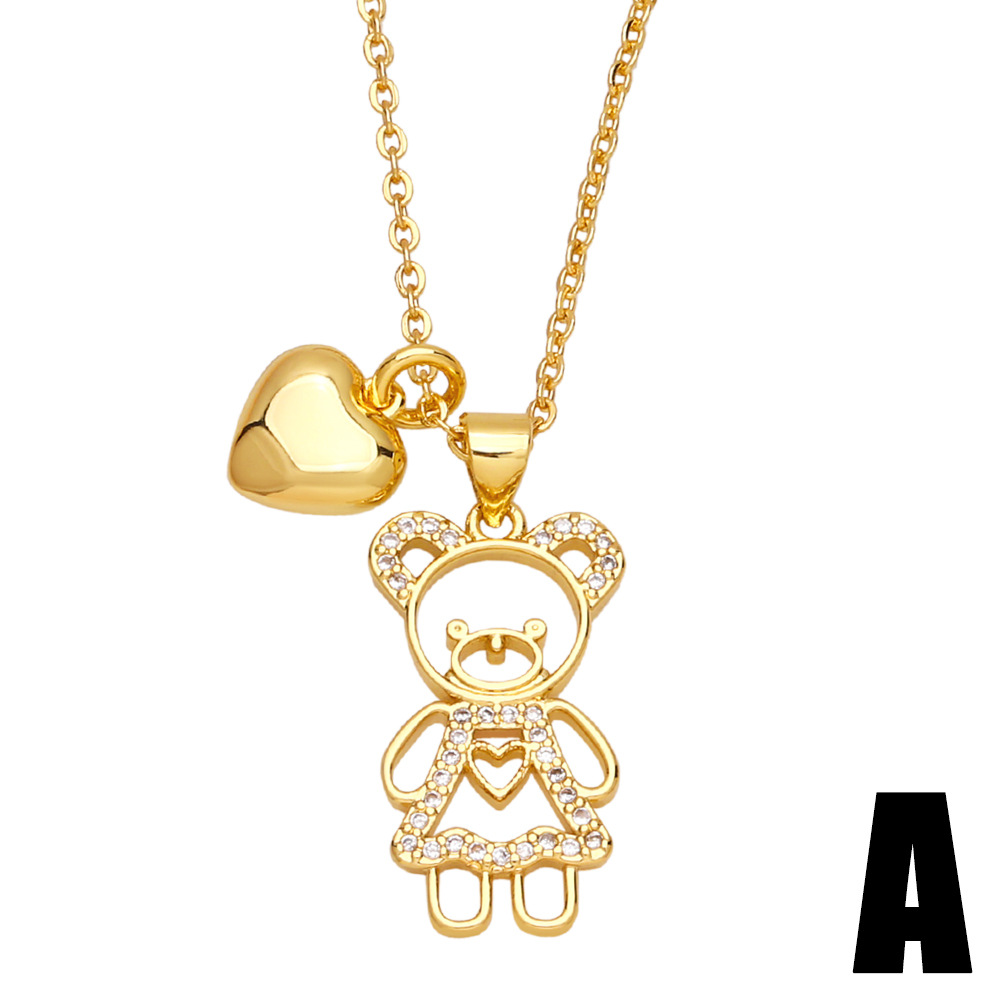 fashion double pendant copper necklace heart shape bear collarbone chain