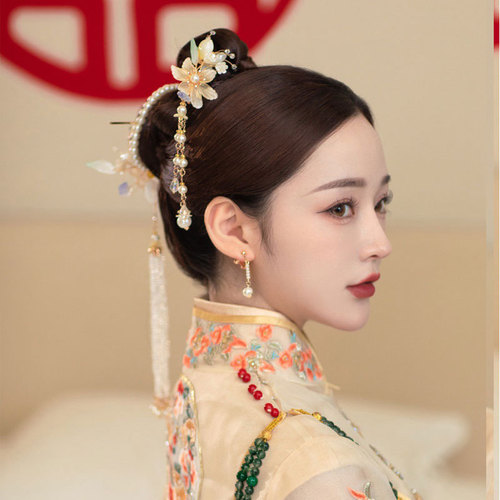 Bridal chinese headdress Chinese style hair fringed antique hair long fringe combination of Chinese and western XiuHe headdress