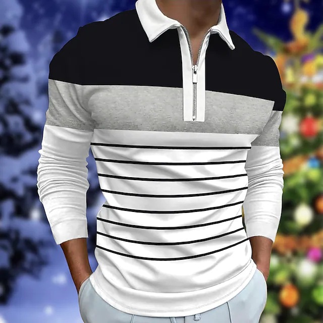 Camisa POLO de solapa de hombre básica simple con estampado digital, camisa delgada de manga larga con cremallera MB14