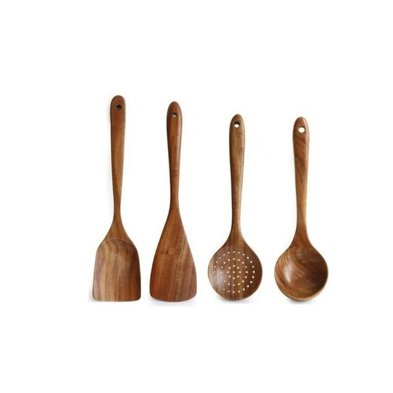 Juego de cocina de teca, cuchara de pala de madera maciza, tenedor, sartén antiadherente, utensilios de cocina de madera de acacia, espátula de mango largo, juego de cocina de 9 piezas