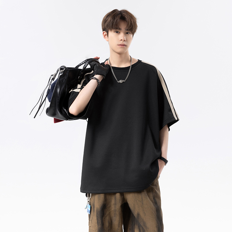 ACU Men's Wear | American Color Splice Short-sleeved Boys 2025 Summer Heavy Bead Simple Casual Half-sleeved T-shirt