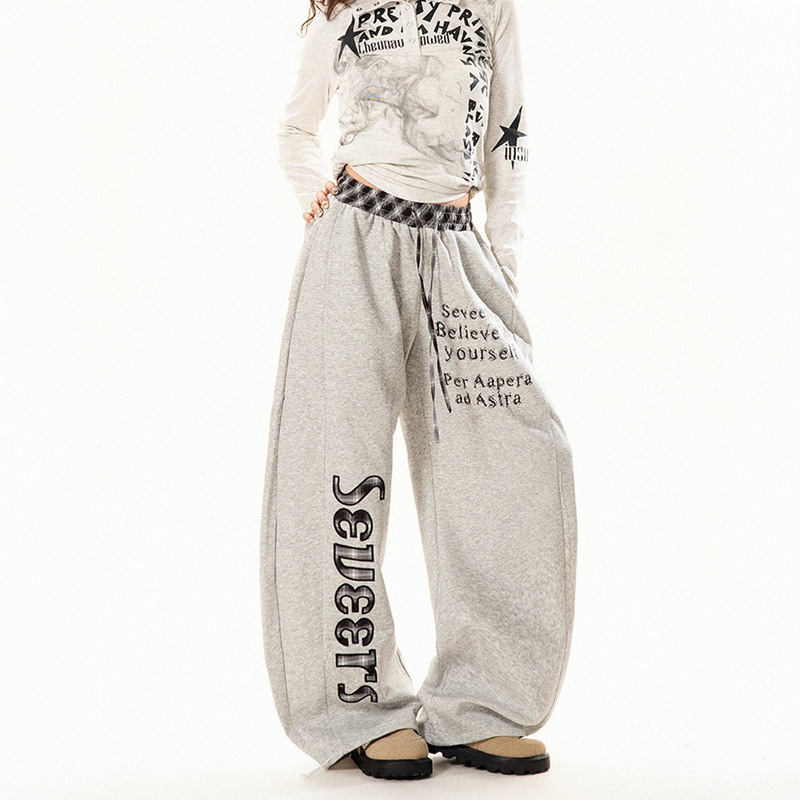 Gray-Brown Sweatpants Versatile Casual Pants for Women Autumn American Retro Plaid Patchwork Letter Jazz Dance Scimitar Pants