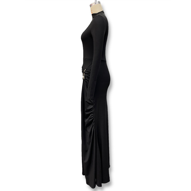Women's Solid Color round Neck Dress Long Sleeve Fashionable Temperament European American Style Autumn New Clothing with Decorative Ring Buckle_ecoleips.com