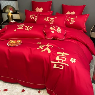 结婚四件套大红刺绣被套婚庆床上用品喜庆床单被罩4件套厂家批发