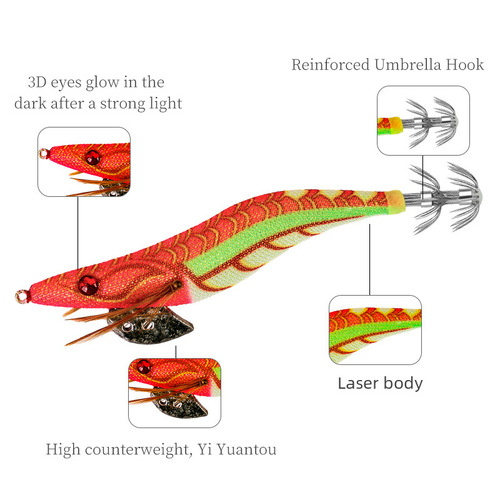 New wood shrimp glow-in-the-dark with bell fishing bait for squid, size 3.5, 3.0, simulation shrimp slow sink sea fishing squid hook