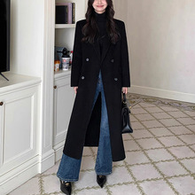 秋冬新款大码女装黑色复古毛呢外套胖mm网红休闲过膝呢大衣25162