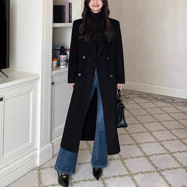 秋冬新款大码女装黑色复古毛呢外套胖mm网红休闲过膝呢大衣25162