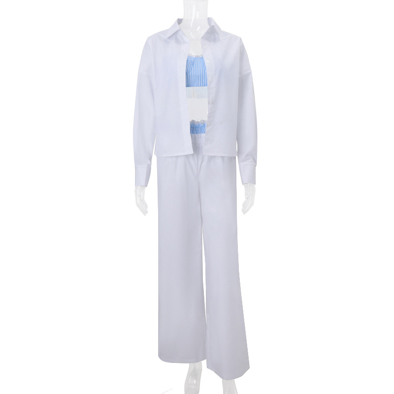 Fall Women Casual Sexy Three-Piece Suit Solid Color Inner Wear Long Sleeve Shirt Wide Leg Pants