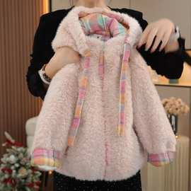 女童毛毛外套秋冬新款韩系彩色格子拼接外套女孩洋时髦气百搭外套