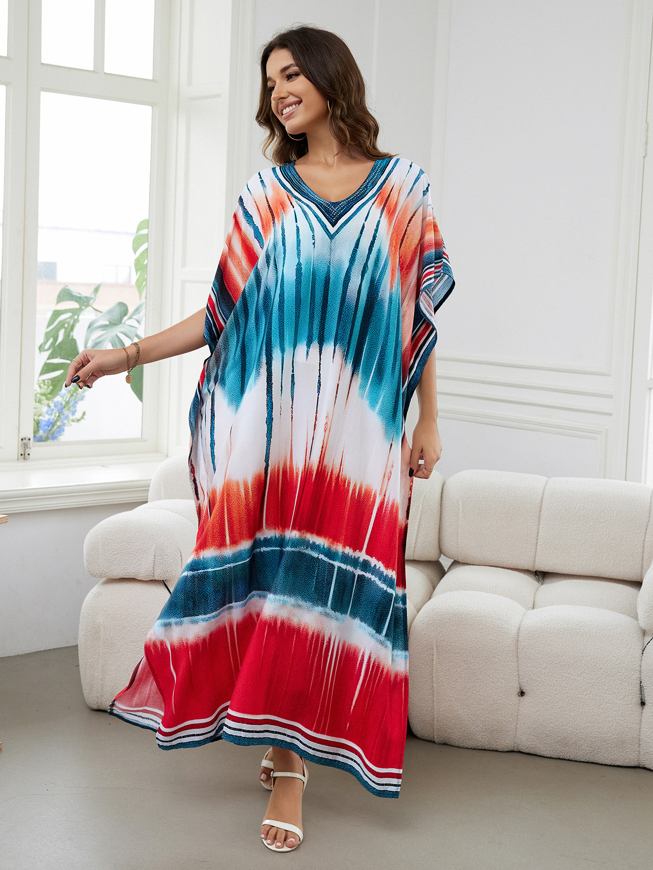 Rochie de plajă lungă kimono dama boho viscoză tie-dye_voghion.com