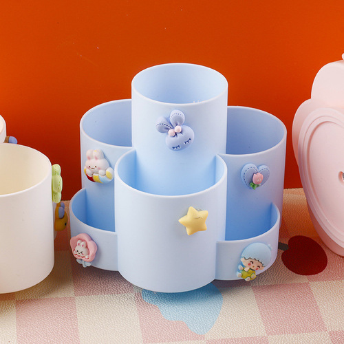 High-looking cartoon rotating pen holder, macaron color multi-grid large-capacity office supplies storage student stationery