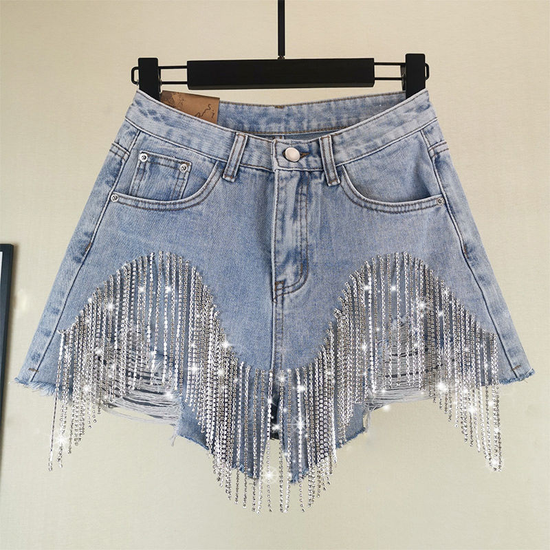 210g Weight Shorts Pants Length Cotton Fabric Type High Waist Waist Line Jeans Pants Type Inelastic Elasticity Party, Street Occasion Butt Lift Function Regular Fit Fit Type Solid Color Pattern Summer Season Women's Gender Tassel Design Sexy Style Women's Party Street Sexy Solid Color Shorts Tassel Jeans