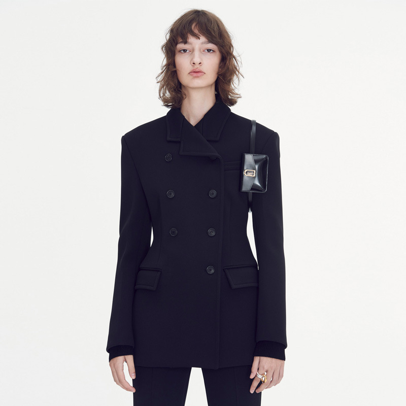 Korean style wool coat for women, 2025 autumn/winter new style, classic black slim-fit double-breasted top.