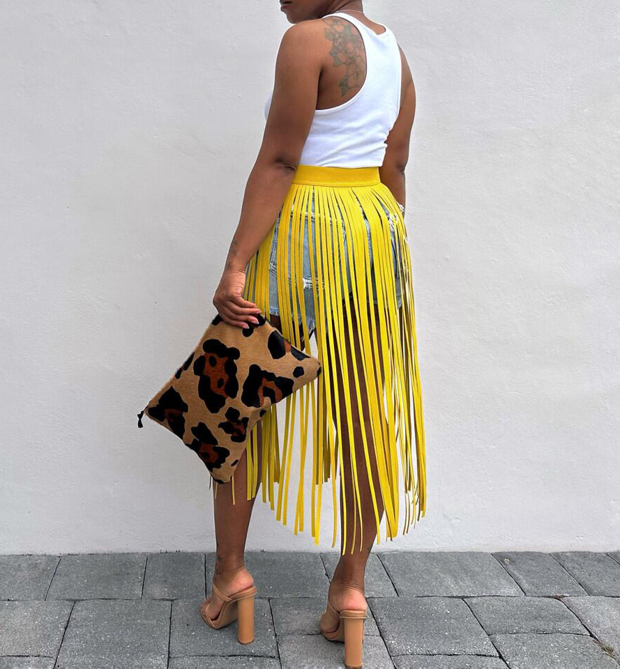 Punk Style Long Tassel Midi Skirt American Solid Color Below Knee Beach Style Thin Summer Skirt_ecoleips.com