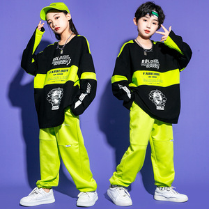  children green jazz dance costumes hiphop dance costumes for girls Boys street performance clothing girls hoodie punk rock style street dance outfits