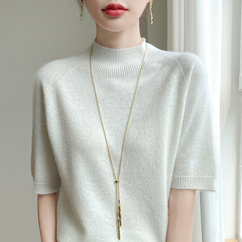 Half-High Collar, Half-Sleeve Knitted Base Shirt for Women, Andy Velvet Seamless Pullover, Loose Short-Sleeve Sweater, Spring and Autumn Wholesale Half-High Collar, Half-Sleeve Knitted Base Shirt for Women, Andy Velvet Seamless Pullover, Loose Short-Sleeve Sweater, Spring and Autumn Wholesale
