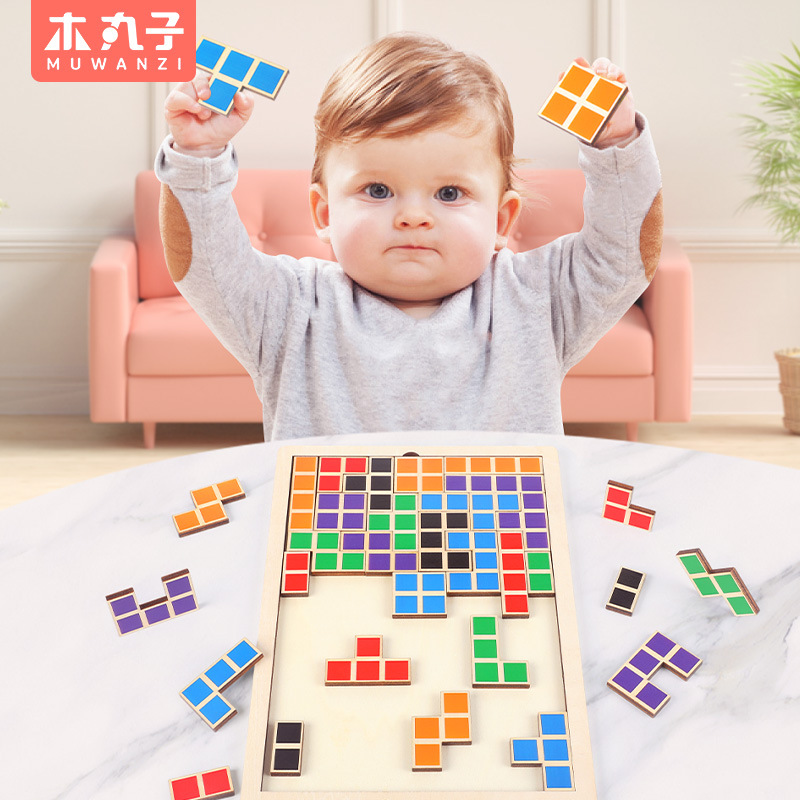 Tetris de los niños de mano por defecto de madera divertido cognitivo rompecabezas de madera digital