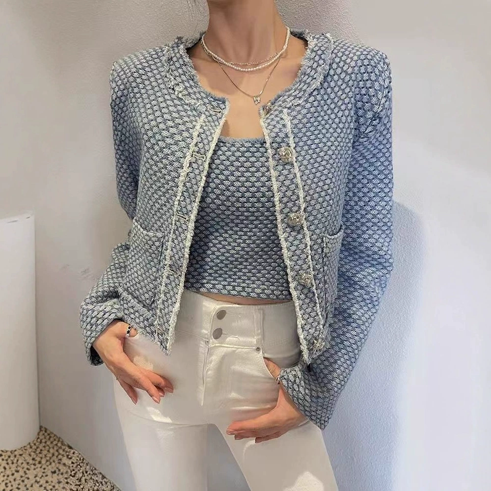 Демисезонная модная куртка, джинсовая юбка, кардиган, стиль Chanel