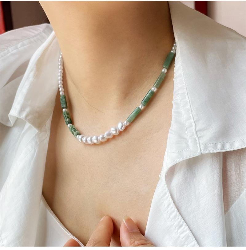 Vintage Baroque Style Pearl Beaded Necklace Clavicle Chain Womenu0027s Green Agate Handmade Jewelry 