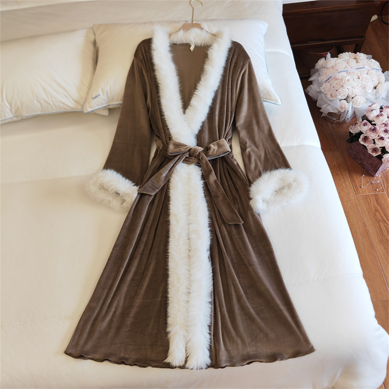 Nightgown Women's Spring Autumn and Winter Island Velvet Long Sexy Nightgown New fleece-lined Warm Polka Dot Bathrobe Home Clothes