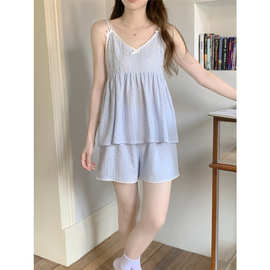 2025 夏季新款睡衣女韩版宽松简波点吊带休闲家居服套装