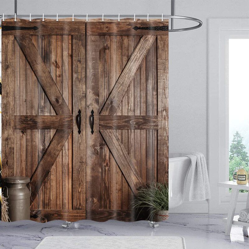Rustic Barn Door Bathroom Shower Curtain Set Farmhouse Art Shower Curtain Vintage Country Waterproof Bath Curtain with Hooks