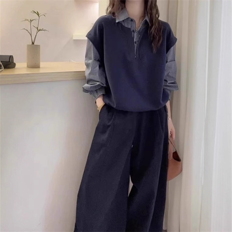 Korean Style Loose Slimming Versatile Casual Retro Plaid Shirt for Women 2025 Autumn Fake Two-Piece Workwear Long-Sleeve Top