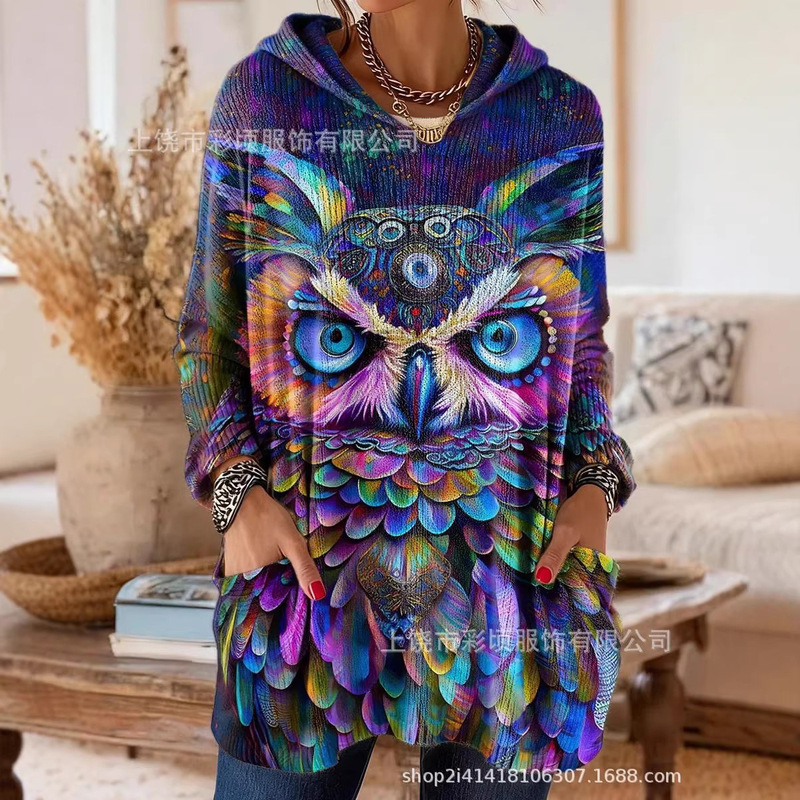 Independent Site Cross-Border Amazon New Retro Christmas 3D Digital Print Autumn and Winter Hooded Pocket T-Shirt Women's Clothing