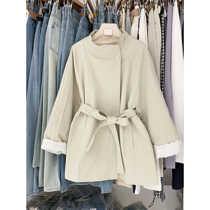 Stand Collar with Belt 2025 Spring Mid-Length Windbreaker Lace Splicing Cuff Jacket Design Elegant Lace Waist