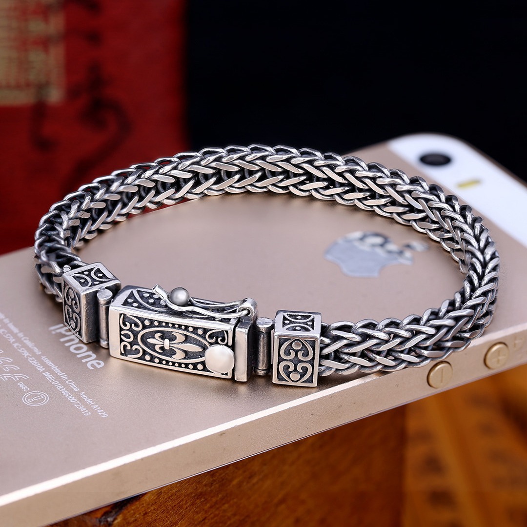 Silver jewelry men's sterling silver bracelet flat chain keel Thai silver hand-woven men and women can wear fashionable men's personality