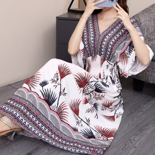 Skirt-style summer dress, travel-themed Thailand cotton gauze floral print ethnic short-sleeve vacation beach dress, ambiance